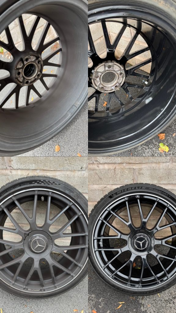 Before and after of an alloy wheel deep clean